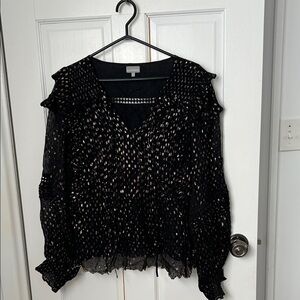 Gentle Fawn Black Metallic Dot V-Neck Ruffle Blouse